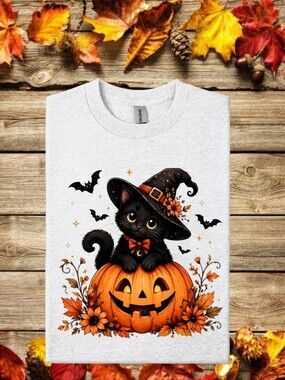Gildan Light Gray Tee with Black Kitten & Orange Pumpkin Halloween Graphic